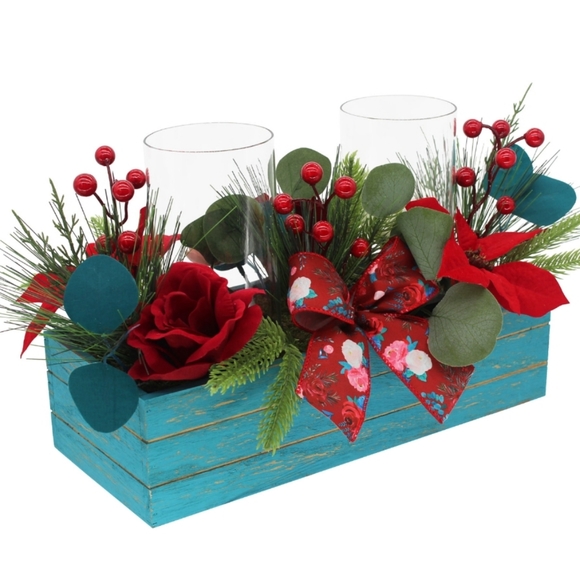 New Pioneer Woman Cheerful Rose Wood Box Hurricane Center Piece - Picture 3 of 6